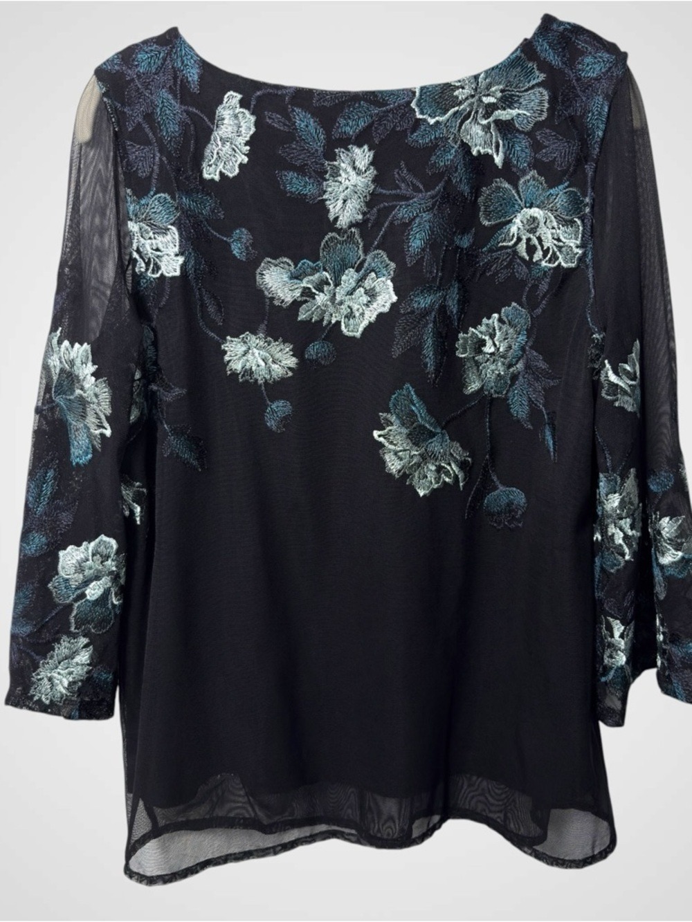 Charter Club Black Metallic Embroidered Top S Sheer Sleeve Y2K Whimsigoth Witchy - Picture 5 of 12
